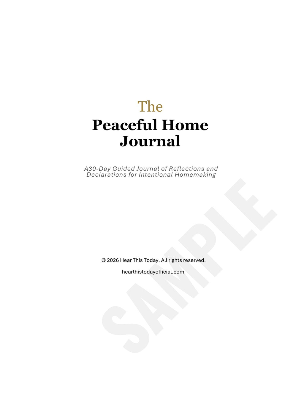 The Peaceful Home Journal title page with centered black and gold text on a white background and a large diagonal SAMPLE watermark.