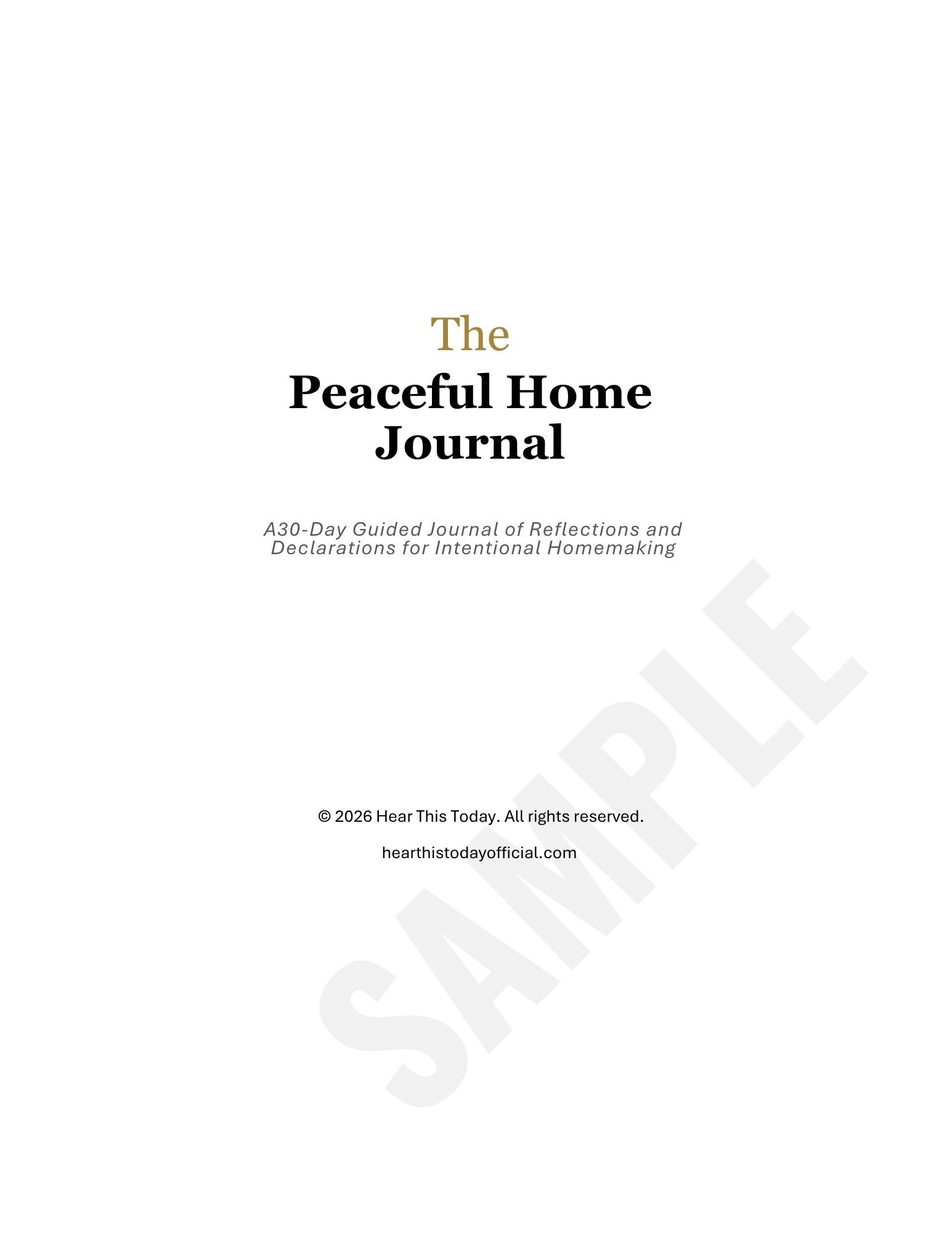 The Peaceful Home Journal title page with centered black and gold text on a white background and a large diagonal SAMPLE watermark.