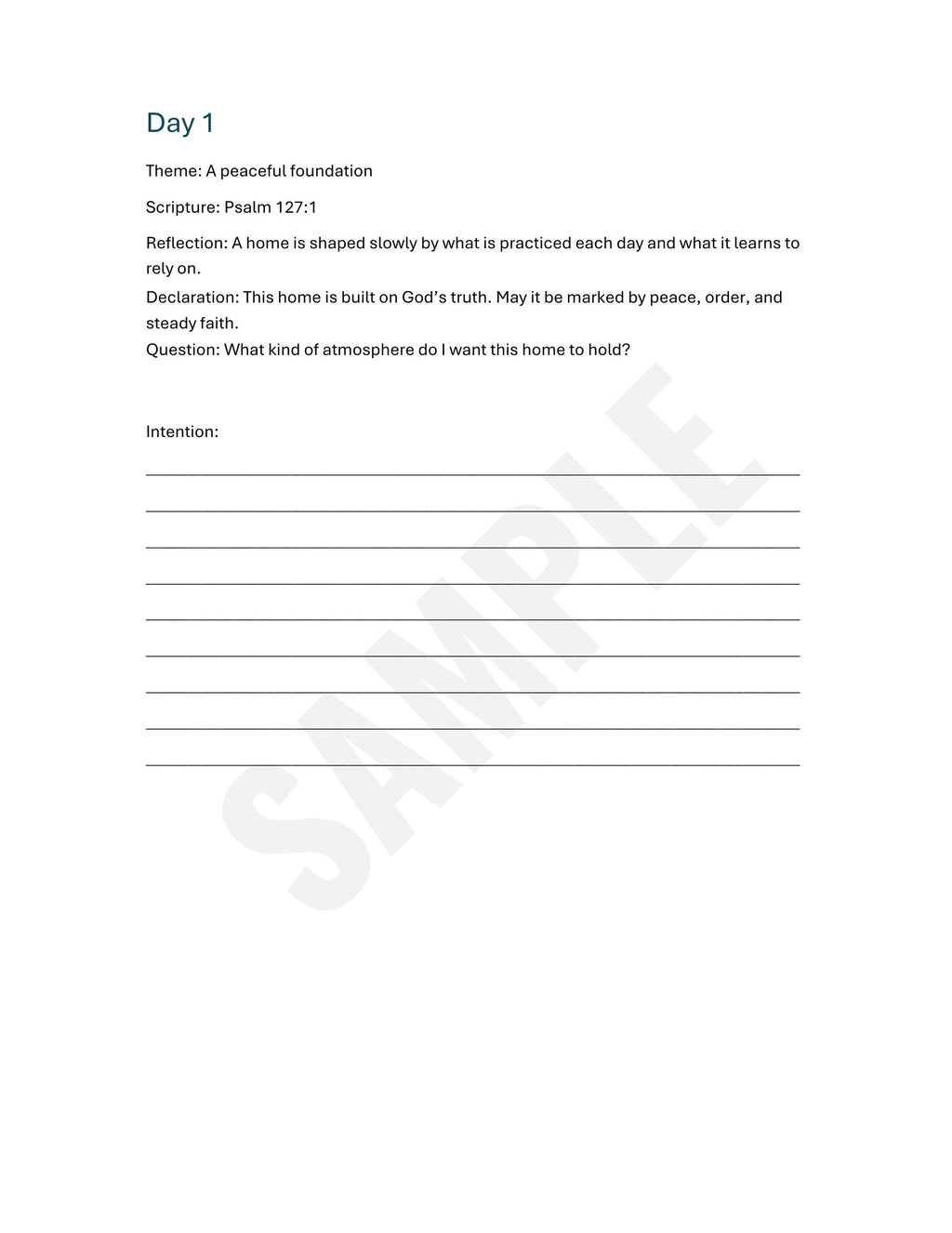 A printable worksheet page titled 'Day 1' with text about a peaceful foundation, scripture reference Psalm 127:1, reflection prompts, and lined writing space. A large translucent diagonal 'SAMPLE' watermark overlays the page.