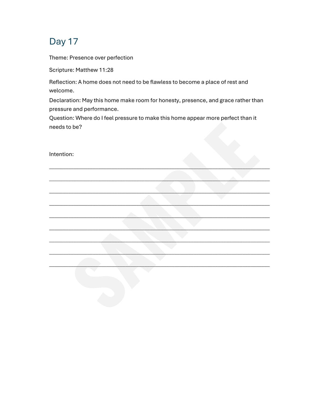 A printable reflection worksheet page titled 'Day 17' with the theme 'Presence over perfection' and a Bible verse, Matthew 11:28. The page includes a reflection prompt, a declaration line, a question, and several lined writing spaces.