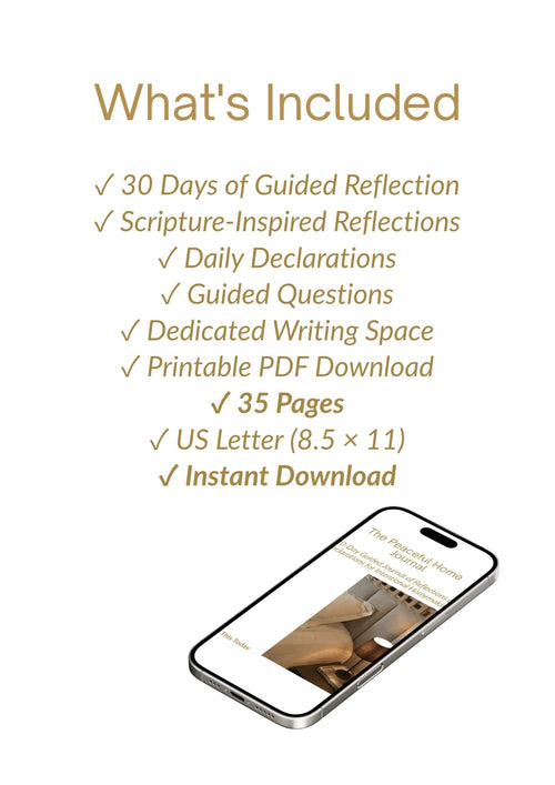 A digital product listing graphic on a white background with gold text reading 'What's Included' and a checklist of included items for a 30-day guided reflection PDF download. A smartphone mockup showing part of the document appears at the bottom right.